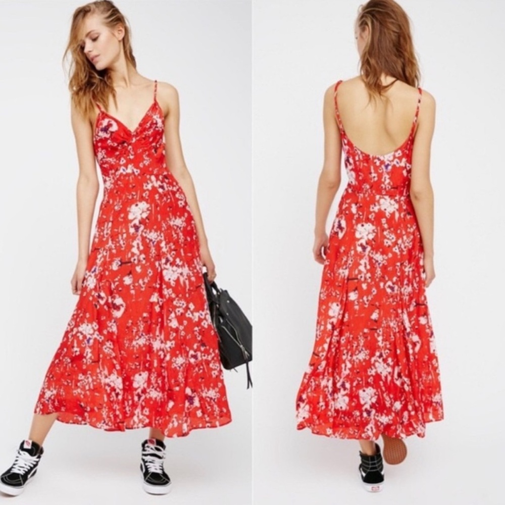 Lily and Lionel x Free People Red Godet Floral Slip Maxi Dress Women’s size L